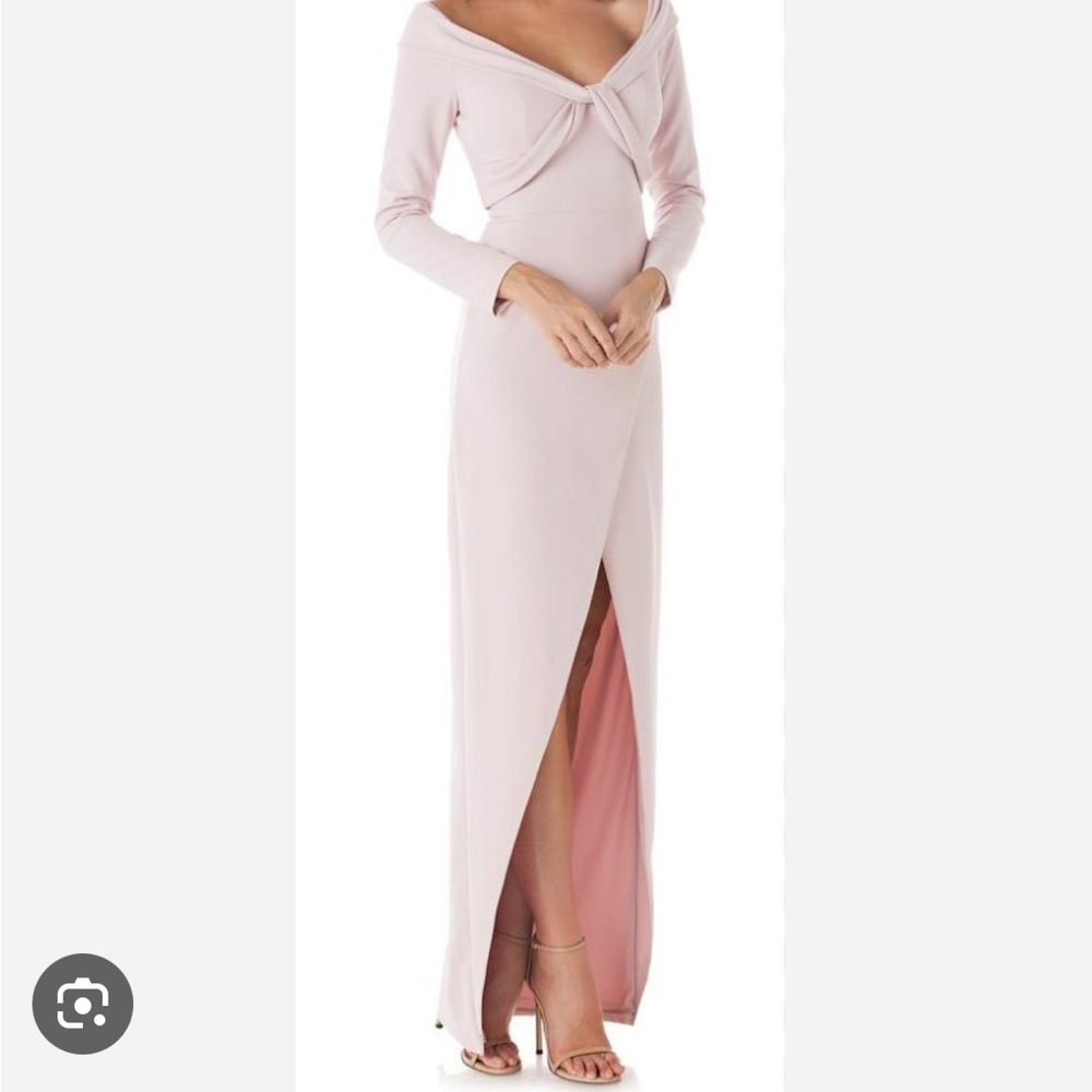 Kay Unger New York formal dress gown blush off the shoulder long sleeve modest
